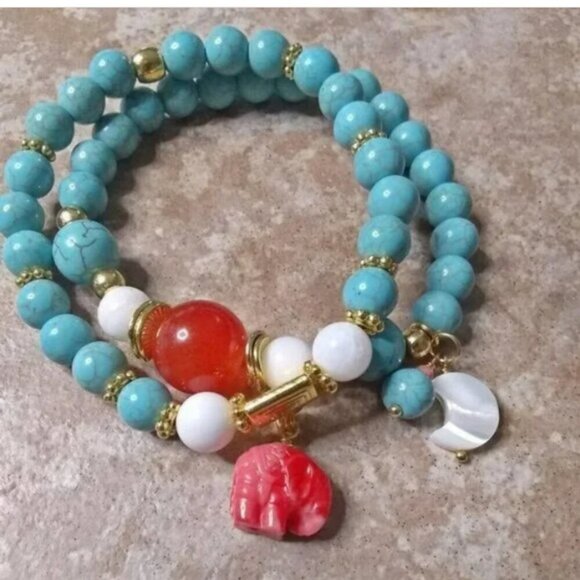 Elephant Lovers Bracelet ~ Aqua White + Salmon Stretch Bracelet ~ 7-7.5" Wrist - Picture 8 of 8